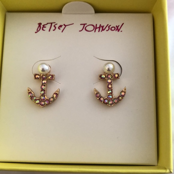 Betsey Johnson Gold Tone Cruise Control Anchor Stud Earrings Crystal Accents NIB - Picture 7 of 11